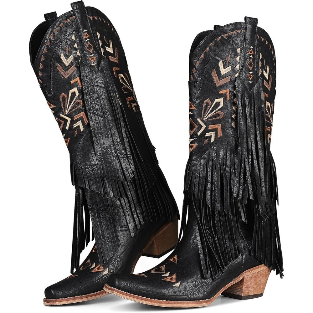 Women's Black Cowgirl Boots Imported Polyester Knee High Pull-on Fringe Boots